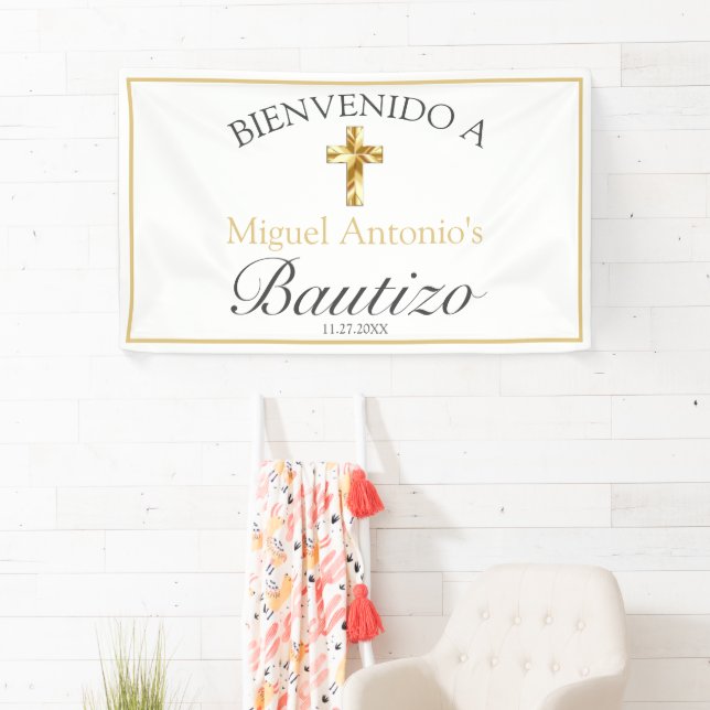 Bautizo de Bebé Blanco Clásico Dorado Bienvenido Banner (Insitu)