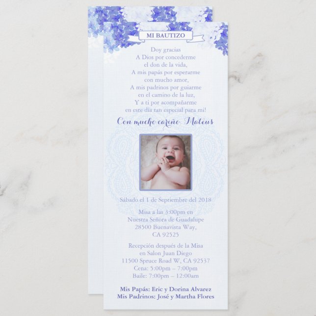 Bautizo Español | Blue Hydrangeas Spanish Baptism Invitation (Front/Back)