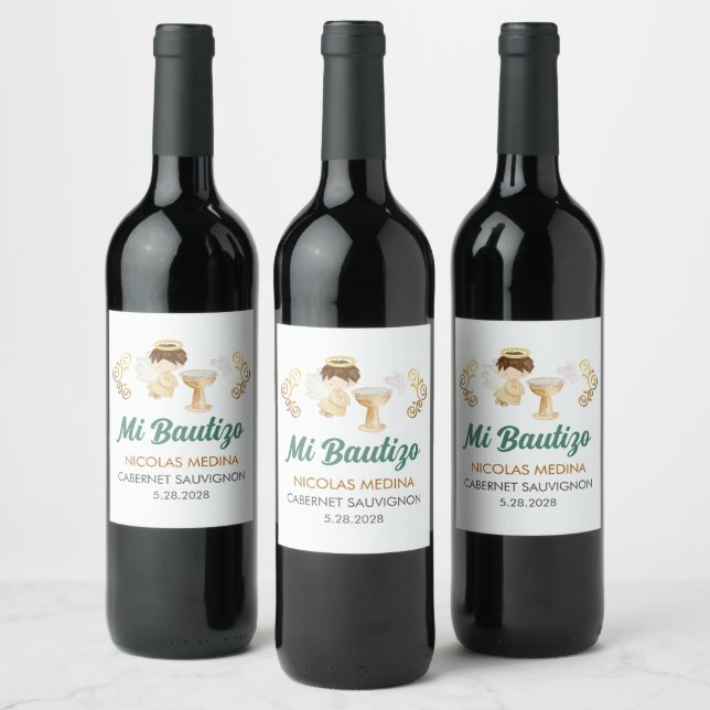Bautizo in spanish Customisable Boy Angel Baptism Wine Label (Bottles)