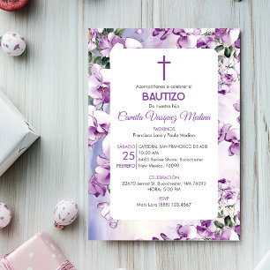 Bautizo Invitación Baptism Cute Purple Flowers Invitation