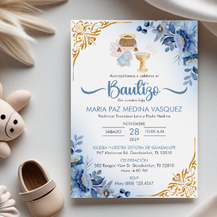 Bautizo Invitacion BLUE Flowers Girl Angel Baptism Invitation