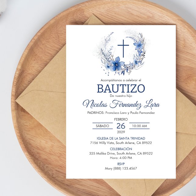 Bautizo Invitacion Cute Cross Blue Flowers Baptism Invitation (Creator Uploaded)