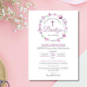 Bautizo Invitacion Cute Cross Pink Flowers Baptism Invitation