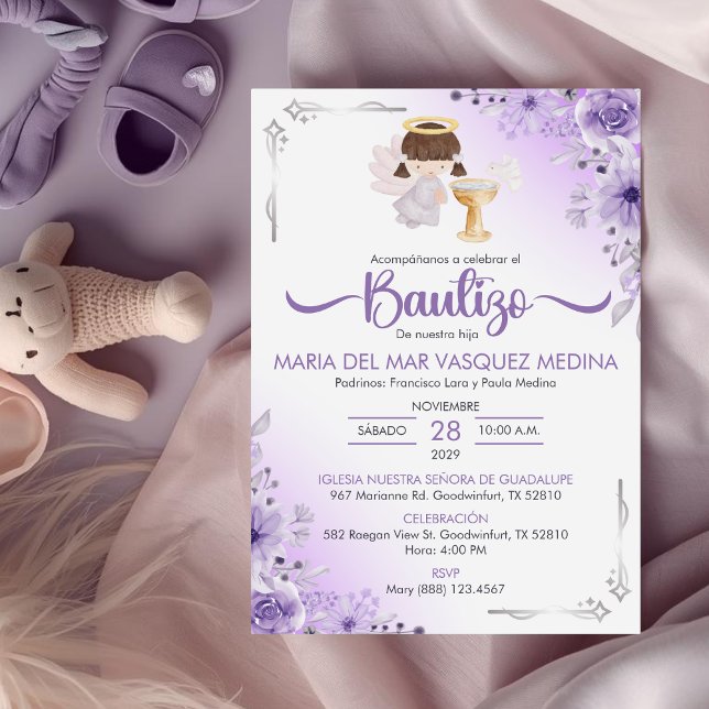 Bautizo Invitacion Cute Girl Angel Flowers Baptism Invitation (Creator Uploaded)