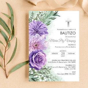 Bautizo Invitacion Cute Purple Flowers Christening Invitation