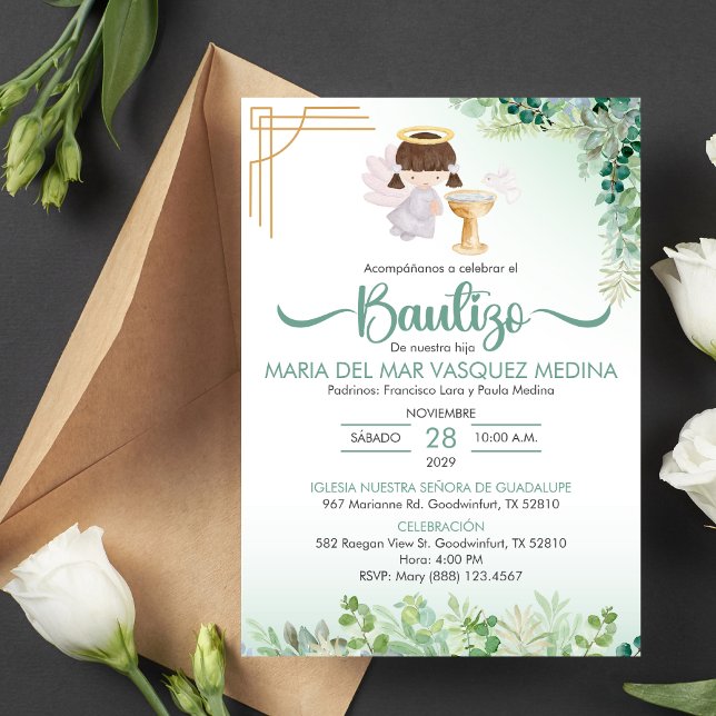 Bautizo Invitacion Green Flowers Catholic Baptism Invitation (Creator Uploaded)