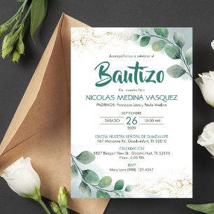 Bautizo Invitacion Green Leaves Religious Baptism Invitation