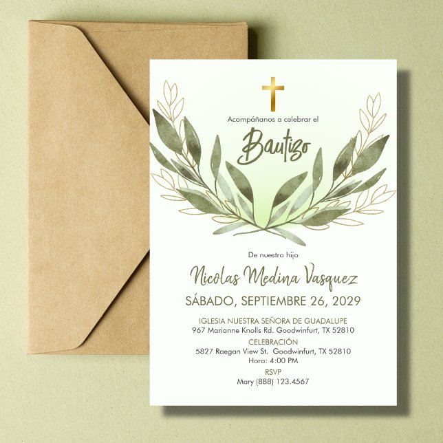 Bautizo Invitacion Greenery Religious Baptism Invitation (Creator Uploaded)