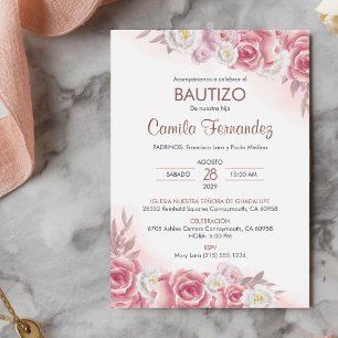 Bautizo Invitacion in spanish Baptism Pink Flowers Invitation