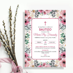 Bautizo Invitacion in spanish Baptism Pink Flowers Invitation