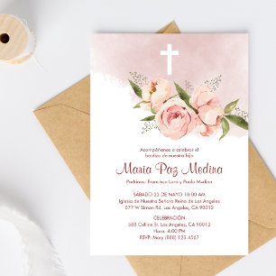 Bautizo Invitacion Salmon Coloured Flowers Baptism Invitation