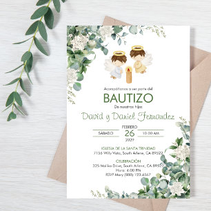 Bautizo Invitacion Twin boys Green Leaves Baptism Invitation