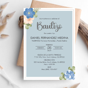 Bautizo Spanish Invitacion Blue Flowers Baptism Invitation