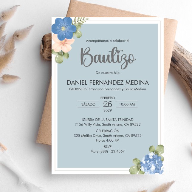 Bautizo Spanish Invitacion Blue Flowers Baptism Invitation (Creator Uploaded)