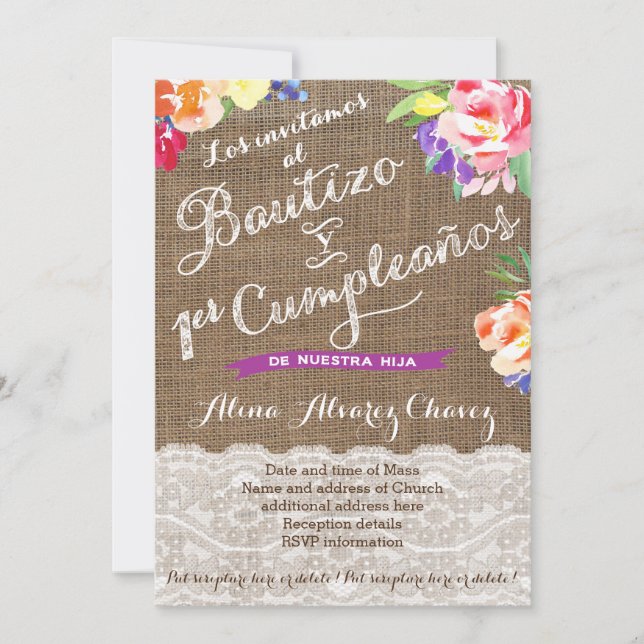 Bautizo y 1er cumple, bright Mexican florals Invitation (Front)