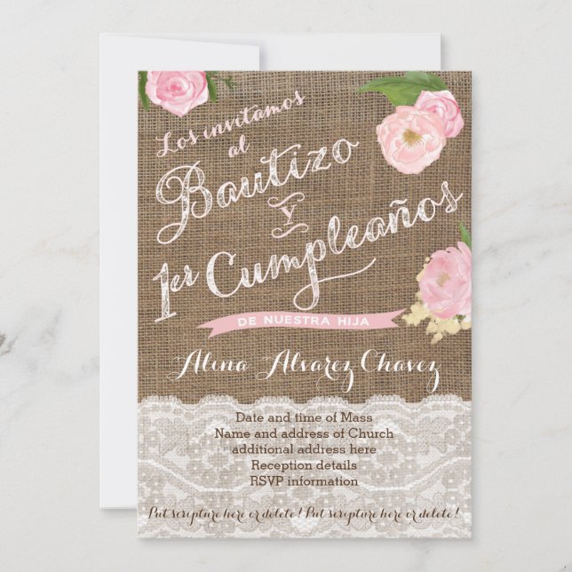 Bautizo y primer cumple, Spanish invite Castellano (Front)