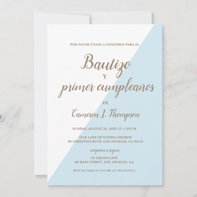 Bautizo y primer cumpleaños Baptism spanish Blue Invitation (Front)