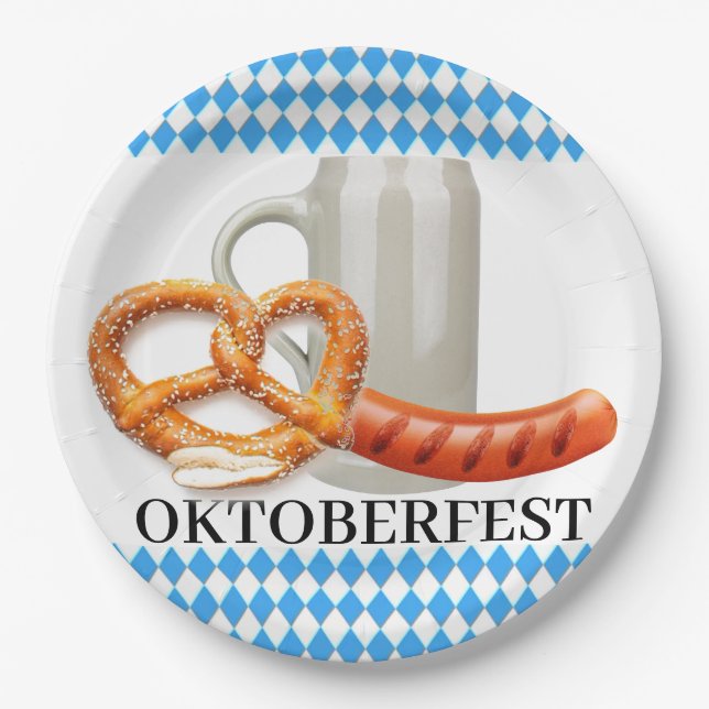Bavarian Beer Stein Sausage Pretzel Oktoberfest Paper Plate (Front)