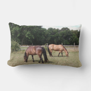 Bay and Dun Horses Grazing in Pasture Lumbar Cushion