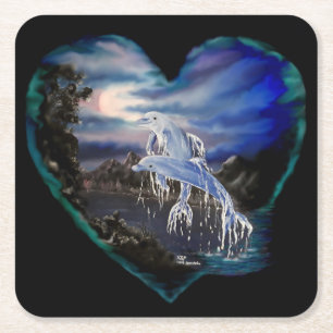 Bay at Night , Dolphin Love Square Paper Coaster
