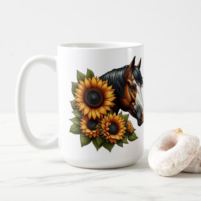 Bay Bald Face Paint Horse with Sunflowers Coffee Mug (With Donut)