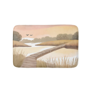 Bay Boardwalk Airy Coastal Watercolor Painting Bath Mat
