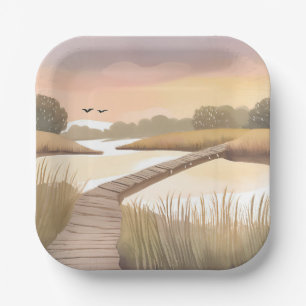 Bay Boardwalk   Airy Coastal Watercolor Painting Paper Plate