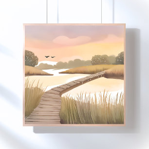 Bay Boardwalk Airy Coastal Watercolor Painting Poster