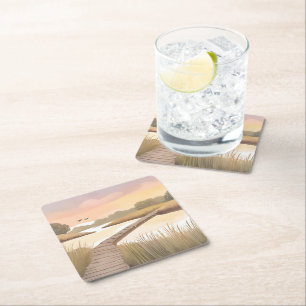 Bay Boardwalk Airy Coastal Watercolor Painting Square Paper Coaster