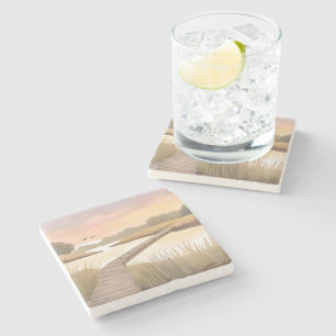 Bay Boardwalk Airy Coastal Watercolor Painting Stone Coaster