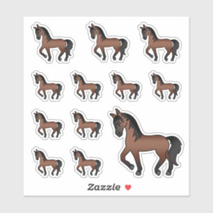 Bay Brown Cute Cartoon Trotting Horses