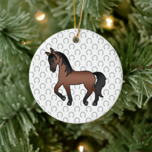 Bay Brown Trotting Horse Cute Cartoon Illustration Ceramic Ornament
