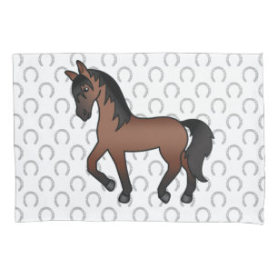 Bay Brown Trotting Horse Cute Cartoon Illustration Pillowcase