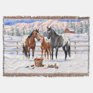 Bay Chestnut Grey Grulla Appaloosa Horses In Snow Throw Blanket