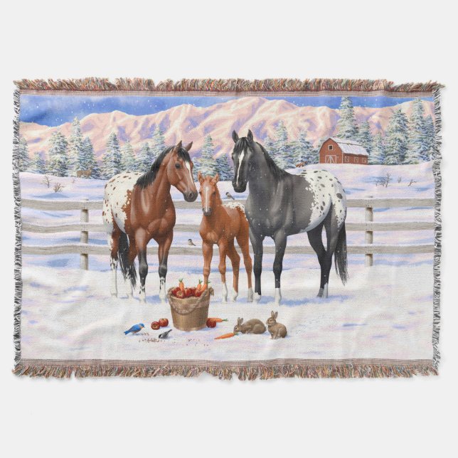 Bay Chestnut Grey Grulla Appaloosa Horses In Snow Throw Blanket (Front)