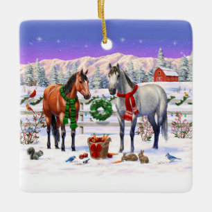 Bay & Dapple Gray Horses in Snow Christmas Farm Ceramic Ornament