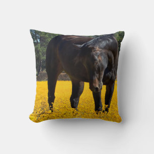 Bay Horse in a Field of Yellow Flowers Cushion