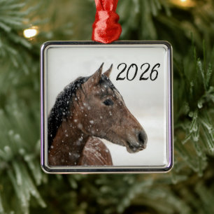 Bay Horse Standing in Gently Falling Snow Metal Ornament