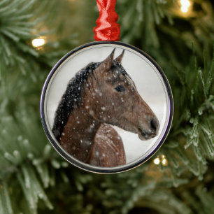 Bay Horse Standing in Gently Falling Snow Metal Ornament