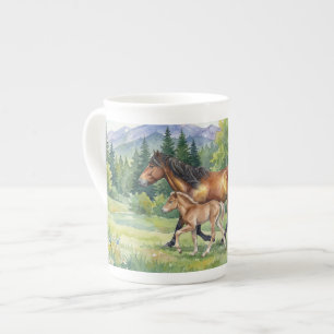 Bay Icelandic Horse and Foal in Mountain Meadow Bone China Mug