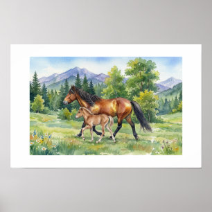 Bay Icelandic Horse and Foal in Mountain Meadow Poster