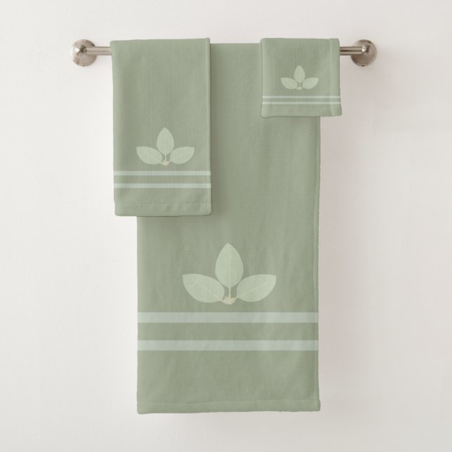 Bay Laurel Leaves & Stripes on Sage Bath Towel Set (Insitu)