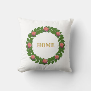 Bay Leaf Wreath & Pink Roses Home Cushion
