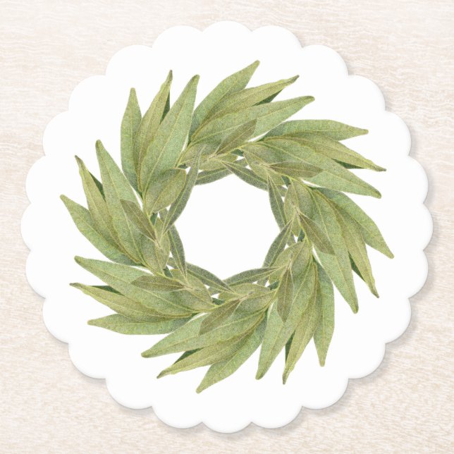 BAY LEAVES WREATH Scalloped Round Paper Coasters (Front)