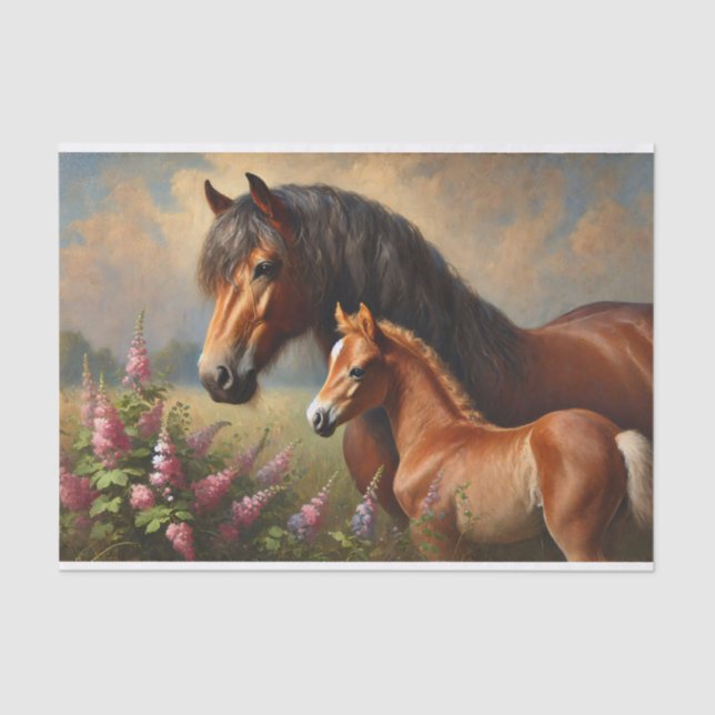 Bay Mare with a Foal Wildflowers Decoupage Tissue Paper (Front)