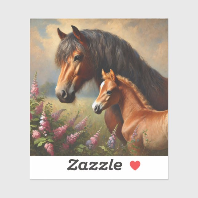Bay Mare with a Foal Wildflowers Painting (Sheet)