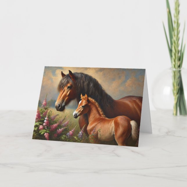 Bay Mare with a Foal Wildflowers Painting Card (Front)