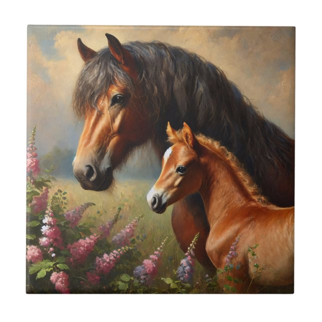 Bay Mare with a Foal Wildflowers Painting Ceramic Tile (Front)