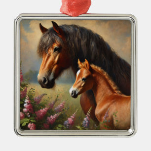 Bay Mare with a Foal Wildflowers Painting Metal Ornament
