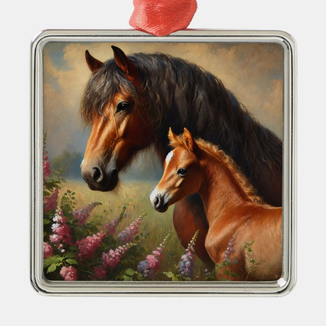 Bay Mare with a Foal Wildflowers Painting Metal Ornament (Front)